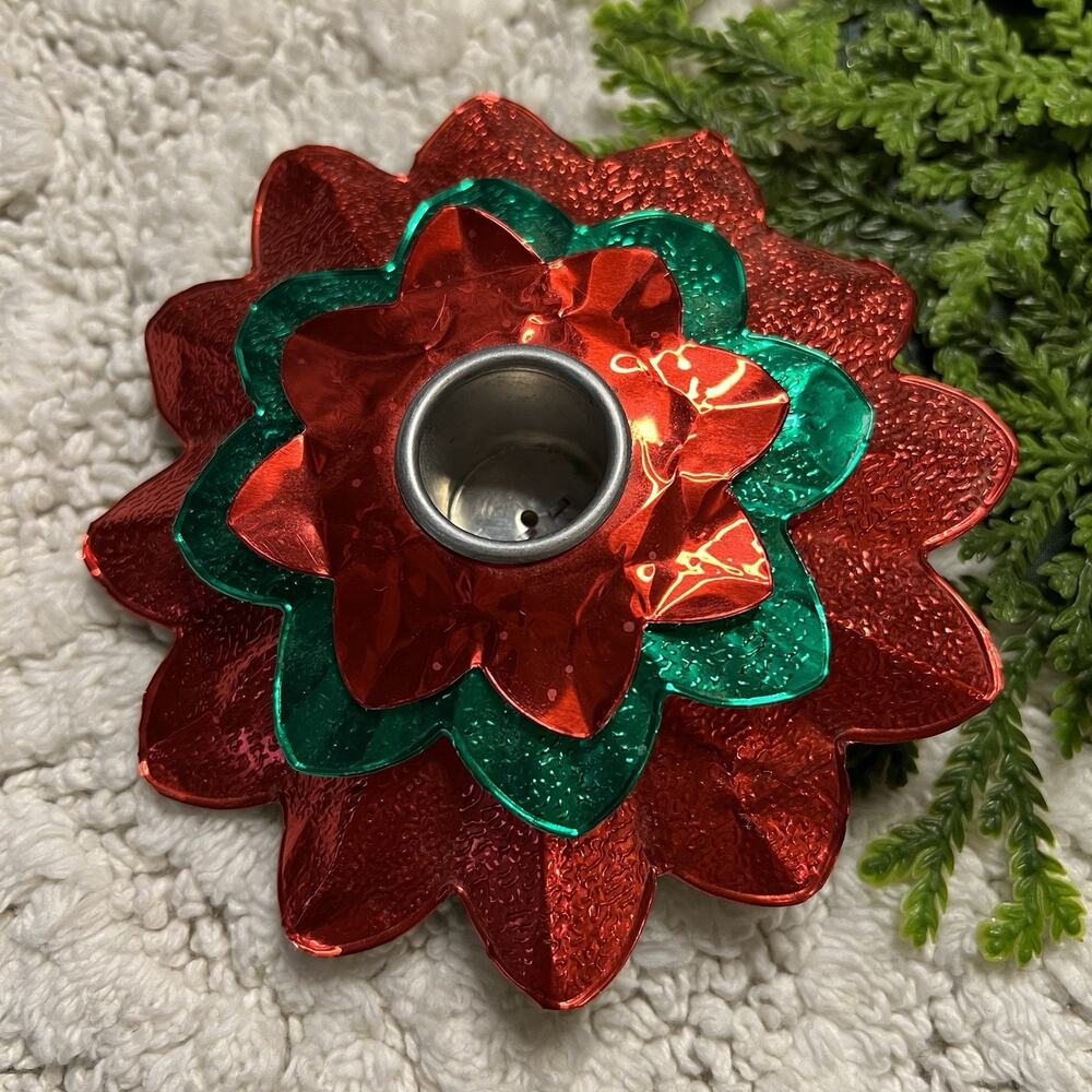 Vintage Red Green Happy Holiday Fireproof Poinsettia Aluminum Candle Holders USA